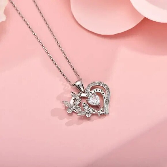 New - Pink Heart Butterfly Pendant Necklace 18" w/ 2" extension - Picture 1 of 5